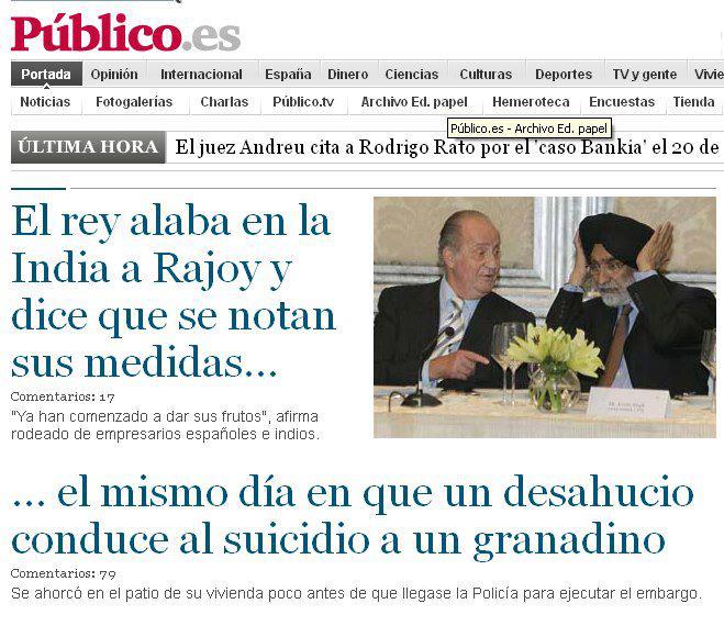la valorción de Público con el tema del suicidio, los desahucios y el Rey
