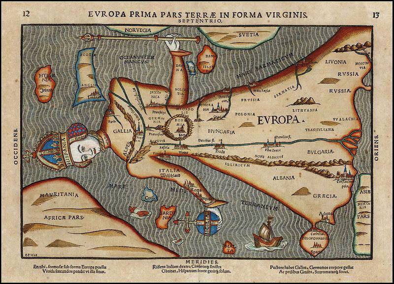Europa como una virgen. Heinrich Bünting (1545–1606) - Map of Europe shaped as a virgin, 1582