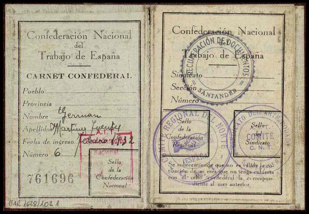 Carné de CNT Santander, incautado en Santander: 
