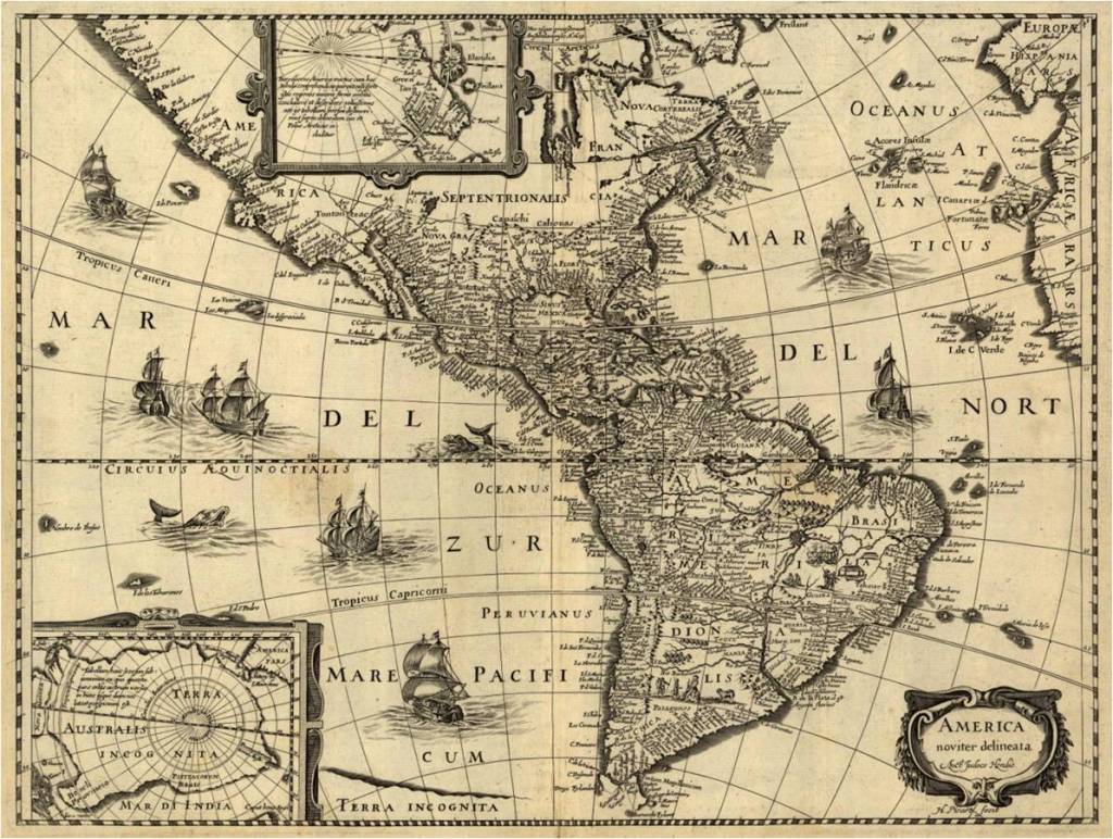 America Noviter Delineata de Hondius, 1637-59. Justo al sur del trópico de Cáncer aparecen las islas Vezina, Monges y la Desgraciada.
