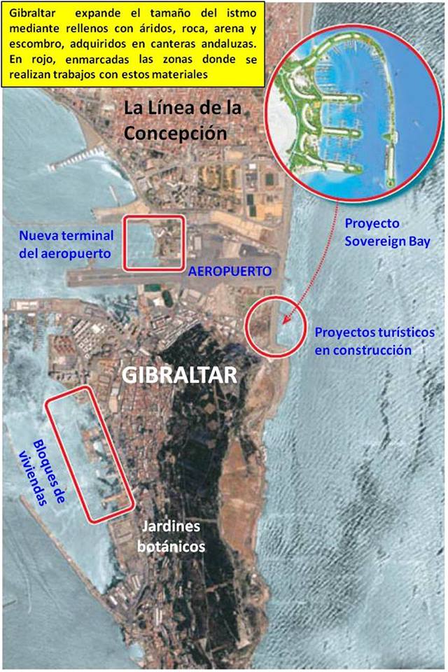 Ampliaciones previstas en el istmo de Gibraltar para la próxima década, enmarcadas en línea roja.