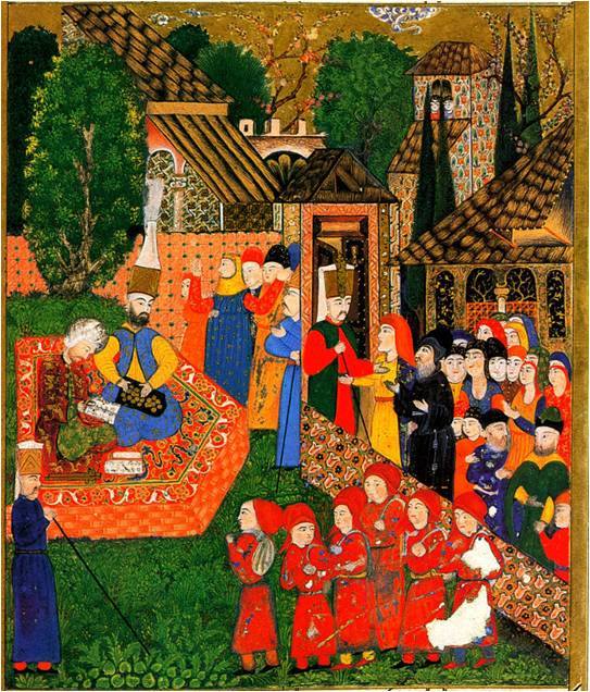 En la imagen primera se representa la inscripción de niños para el devşirme, en una miniatura otomana del Suleymanname, 1558.