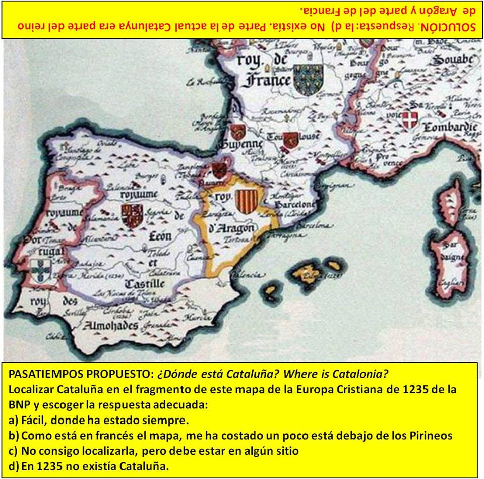 Reproducción de un fragmento del mapa bajo el título “La Cristiandad de Occidente en el año de gracia de 1235”. Bibl. Nac. De París. Como vemos aparece Aragón y Barcelona, no Cataluña.