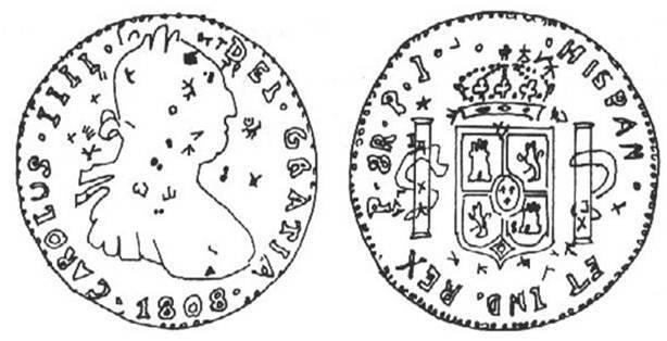 Moneda resellada. Real de a ocho, acuñada en Potosí, hoy Bolivia en 1808. El galeón de Manila ejecutó unos 250 viajes durante los 250 años que mantuvo su ruta entre Nueva España y Filipinas. El galeón a cambio de la plata con la que se pagaba en pesos duros llevaba de regreso hacia América ámbar, almizcle, incienso, maderas exóticas, muebles artesanos, perlas, telas finas, seda, sin olvidar las especias, y los reales de a ocho quedaban en manos de comerciantes chinos que para indicar la buena ley de las monedas, tanto autoridades como comerciantes y banqueros, las marcaban con signos llamados “chops”, mientras más “chops” contenían, eran más apreciadas.