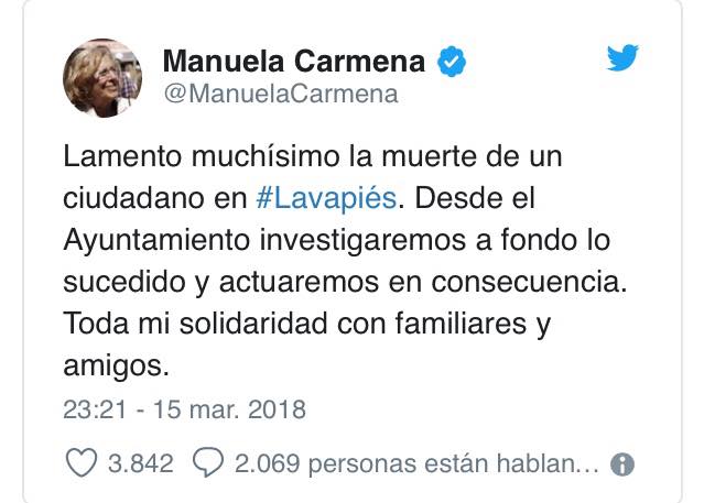 Perfecto Carmena. Ahhhh, no se te olvide investigar quién ha dado la orden a la Policía Municipal de perseguir a los manteros por las calles de Madrid y cuando lo averigües, actúa en consecuencia. Porque tú y tu tropa no habéis sido verdad