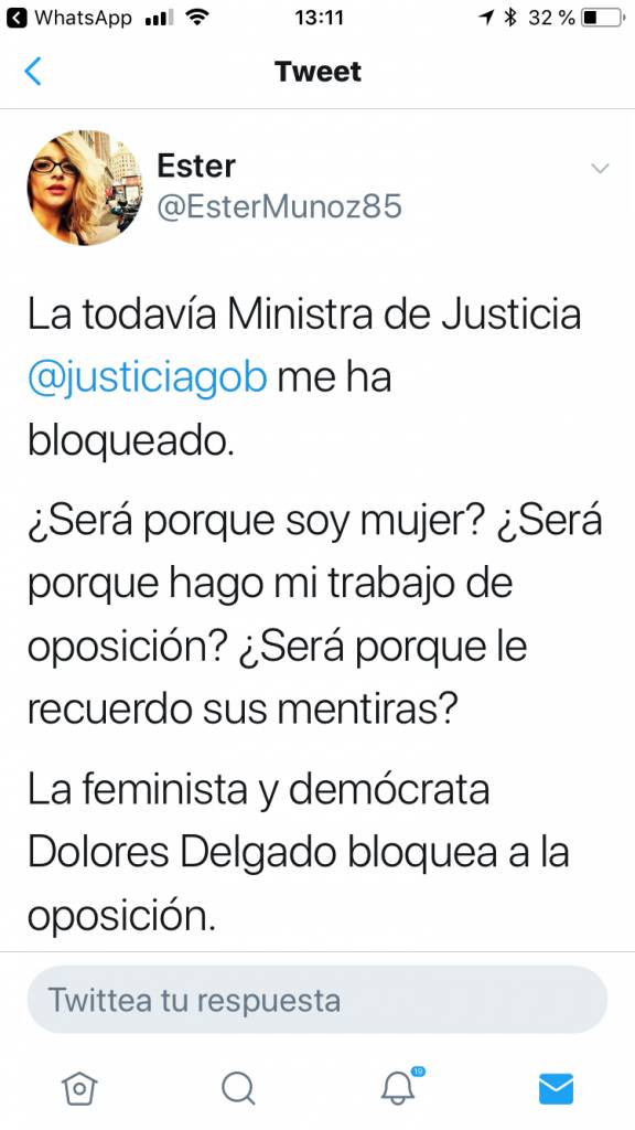 El Tweet de Ester Muñoz bloqueada por la ministra de Justicia