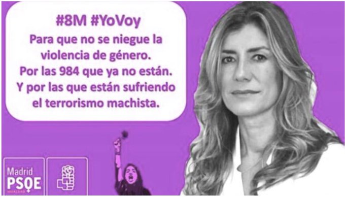 Begoña Gómez, una mujer enchufada por su marido que cobra 6.000€ al mes por un trabajo al que no asiste, es el ejemplo de las feministas. Como para acudir a la manifestación del #8M