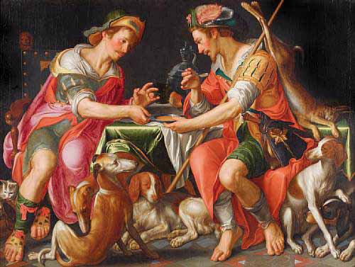 Lienzo de Wtewael. Jacob y Esau, la primogenitura por un platoi de lentejas