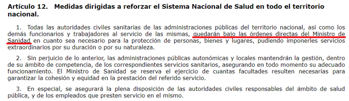 todo el personal sanitario de España pasa, con el decreto del estado de alarma, a estar a las órdenes DIRECTAS del ministro de Sanidad