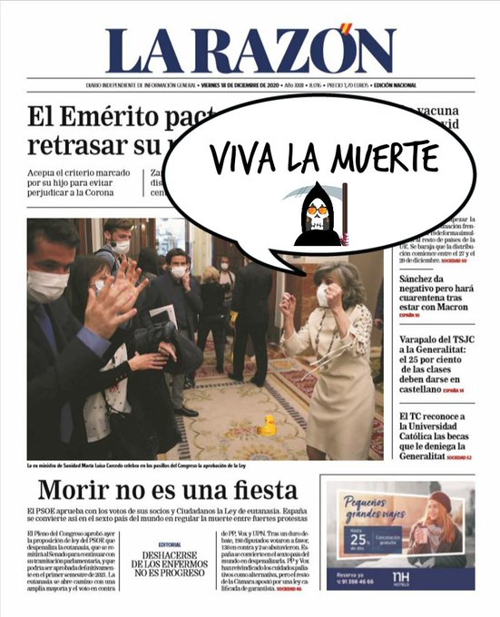 No quiero que ningún buen samaritano de este gobierno, me mate a través de algún matasanos. La Ley de Eutanasia en portada del Viernes. Ilustración de Linda Galmor